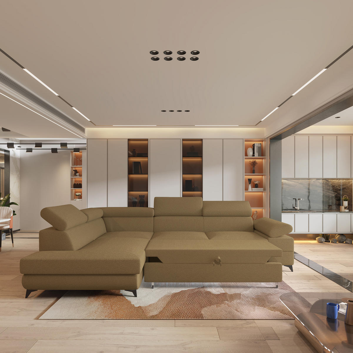 ECKSOFA FAVIEN L-S Orange Boucle-Stoff mit Schlaffunktion - Orange, Holz (257/190cm) - MASSENO