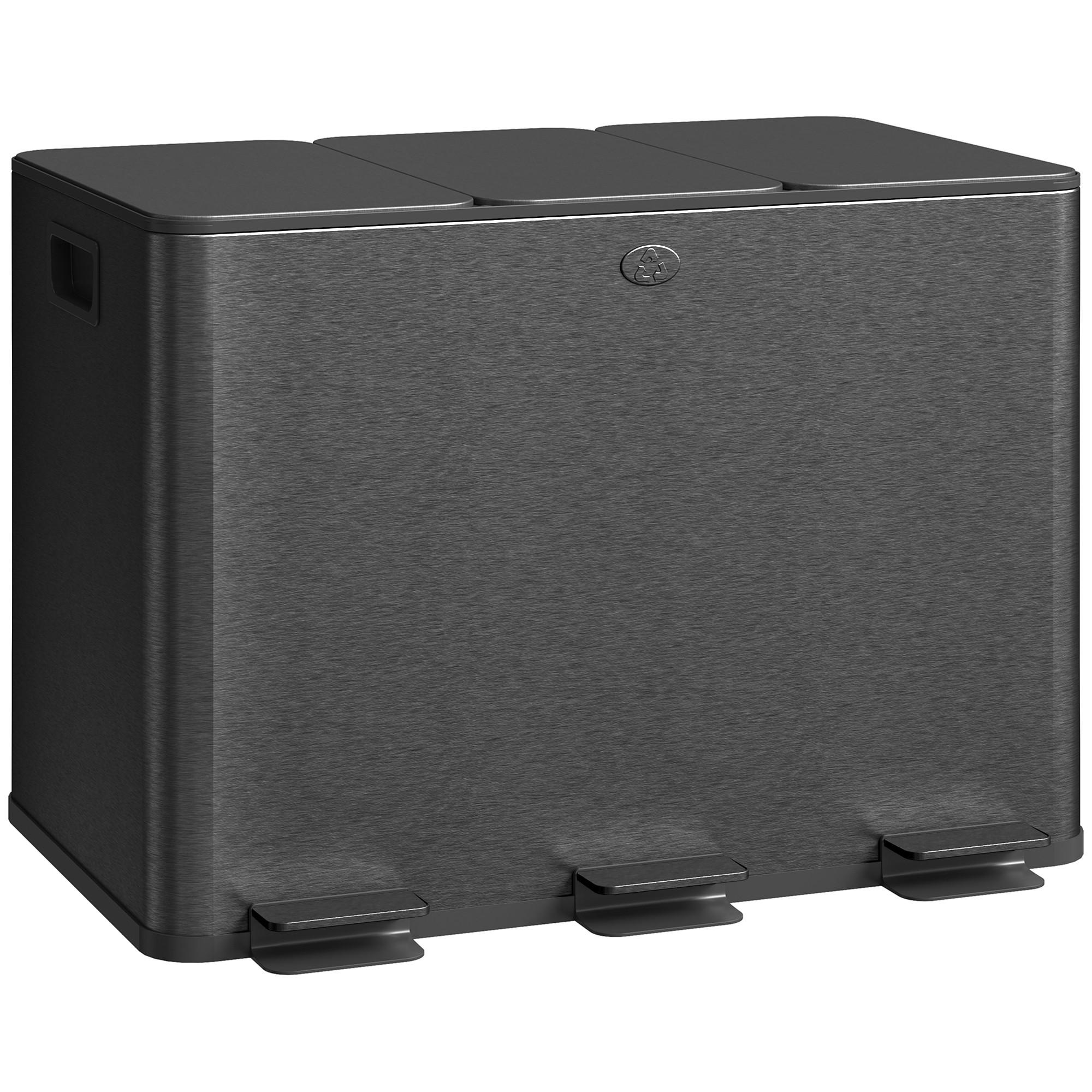 MÜLLEIMER 3x20L Abfalleimer aus Edelstahl mit Softclose Deckel Deodorant-Fächern - Schwarz, Metall (36.6/56.7/61.9cm) - HOMCOM