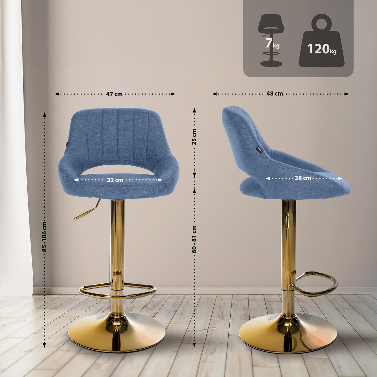 BARHOCKER Stoff Blau - Blau/Goldfarben, Textil/Metall (47/85/48cm) - CLP