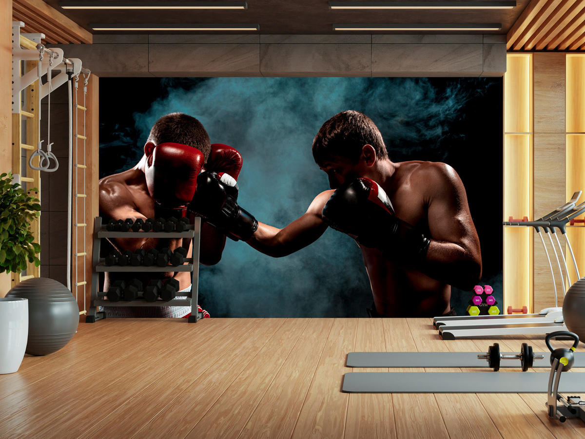 FOTOTAPETE für Jugendzimmer Boxer Männer Training Kampf Rauch 450x315 - Beige/Rot, Papier (450/315cm) - Muralo