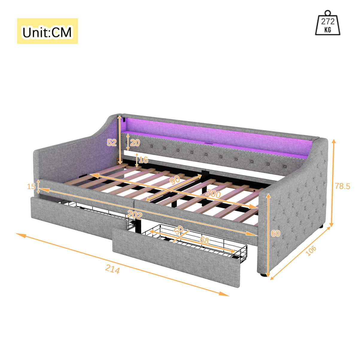 TAGEBETT 90x200cm Grau Leinen Ambientelicht 2 Schubladen USB - Grau, Holz (90/200cm) - FLIEKS