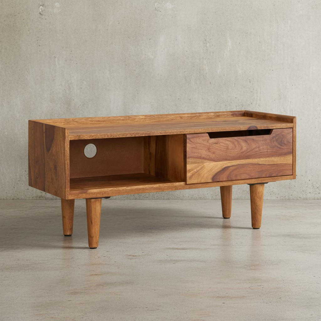 LOWBOARD Massivholz Modern Stil für Fernseher bis 50 Zoll mit Schiebetür und 2 Fächern - Braun, Holz (95/44/34cm) - KADIMA DESIGN