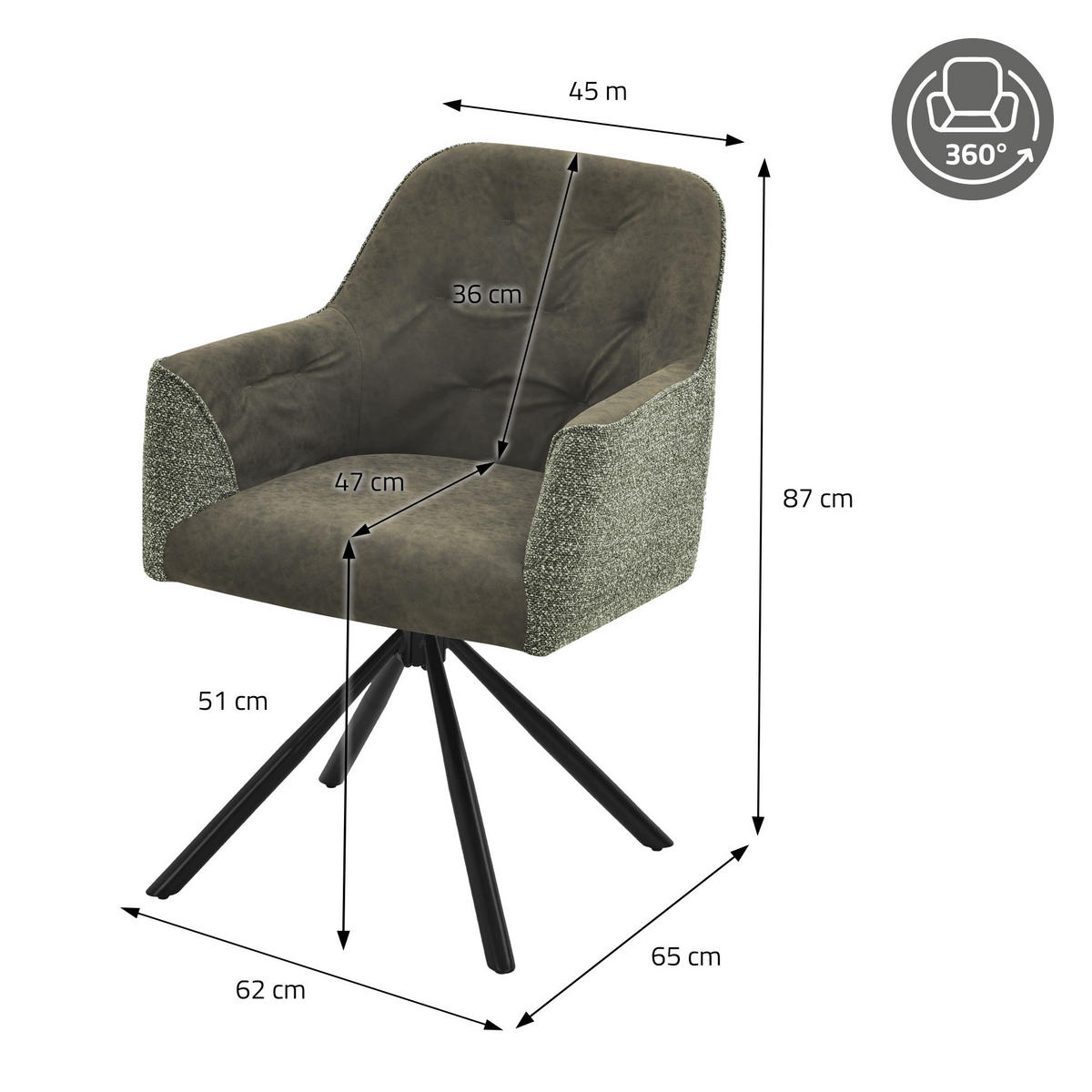 ESSZIMMERSTUHL drehbar Küchenstuhl gepolstert aus Webstoff-Kunstleder Grün - Schwarz/Grün, Textil/Metall (62/87/65cm) - ML-DESIGN