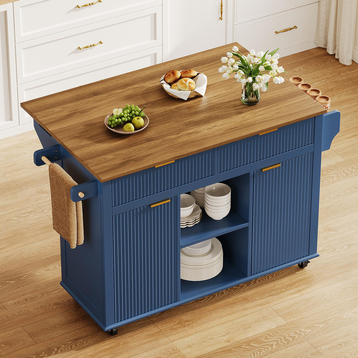 KÜCHENINSEL auf Rollen 143/45/89.5 cm Blau mit klappbarer Arbeitsplatte, 2 Schubladen und Stauraum - Blau, Holz/Holzwerkstoff (45/89.5/143cm) - Oxeza