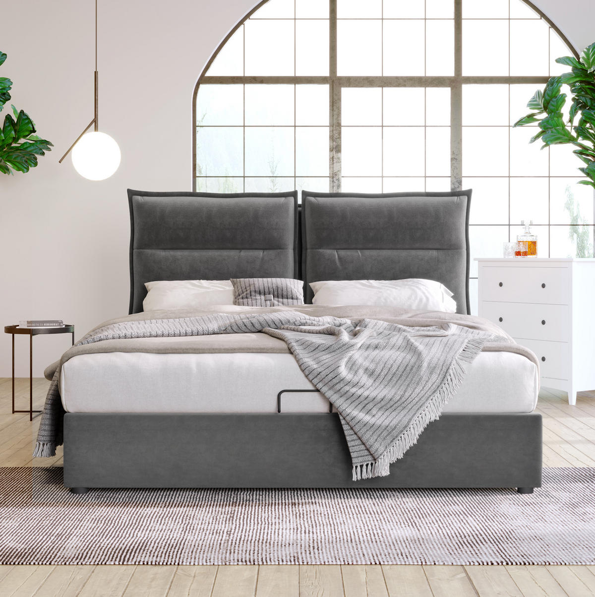 ČALOUNĚNÁ postel 140/200 cm šedá z sametu s úložným prostorem a matrací - šedá, textil (140/200cm) - OKWISH