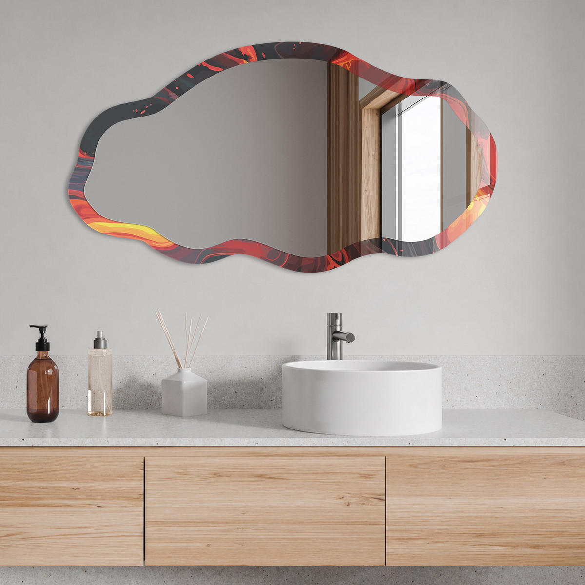 SPIEGEL 90x45 cm asymmetrisch mit Druck - Feuermagie - Transparent, Glas (45/90/0.4cm) - TULUP