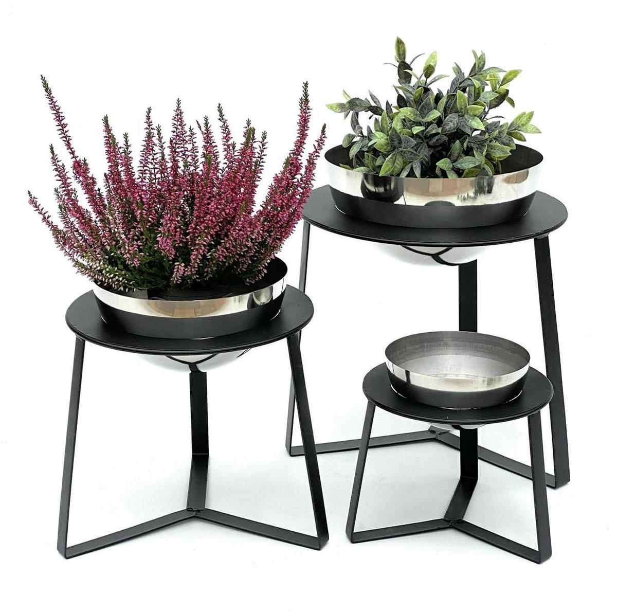 BLUMENHOCKER mit Topf 3er Set Metall Schwarz/Silber 18-33,5 cm - Schwarz, Metall (33.5/33.5/36.5cm) - DanDiBo