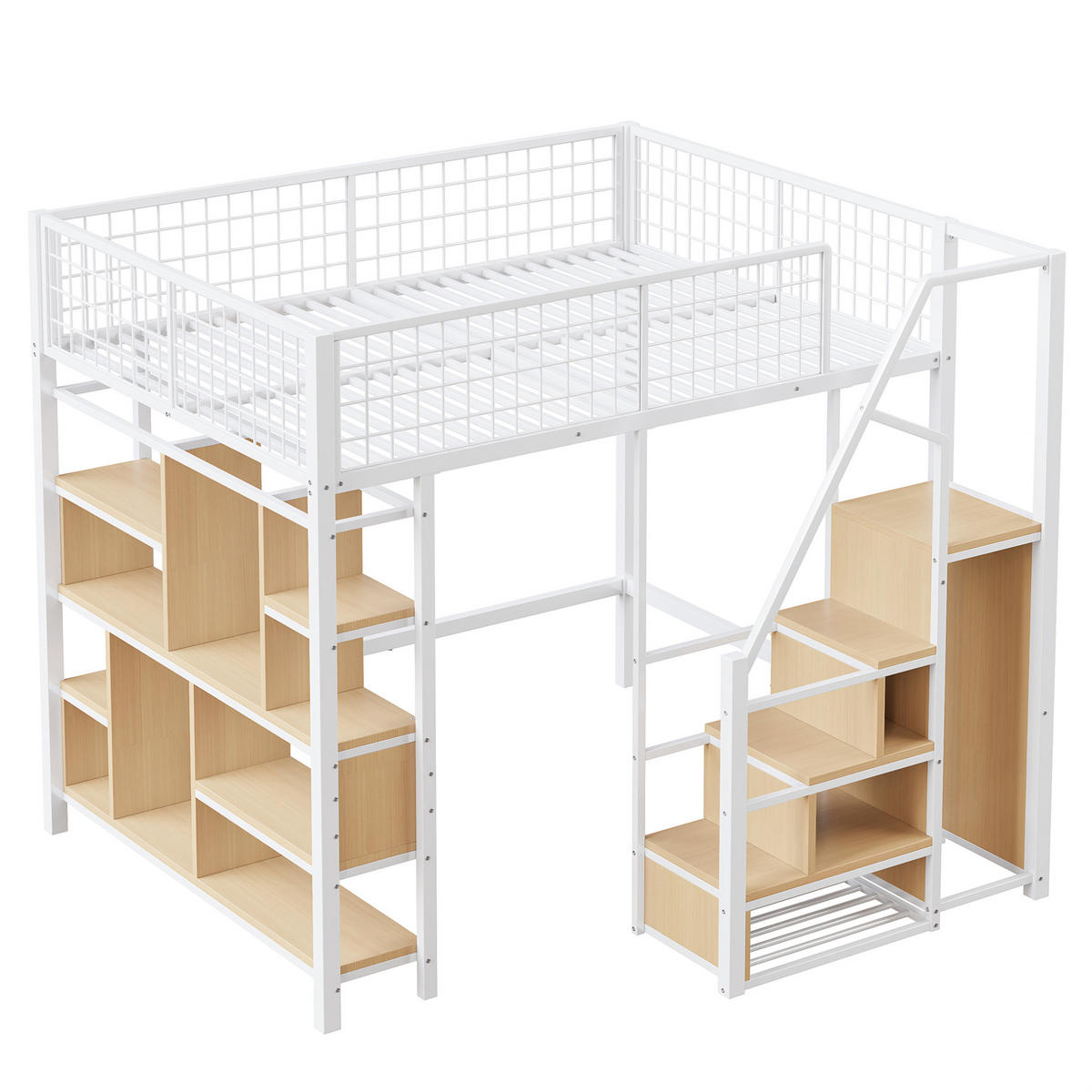 HOCHBETT 140/200 cm in Weiß mit Stauraumtreppe und vielseitigem Unterbettbereich - Weiß, Metall (140/200cm) - Flora Grace