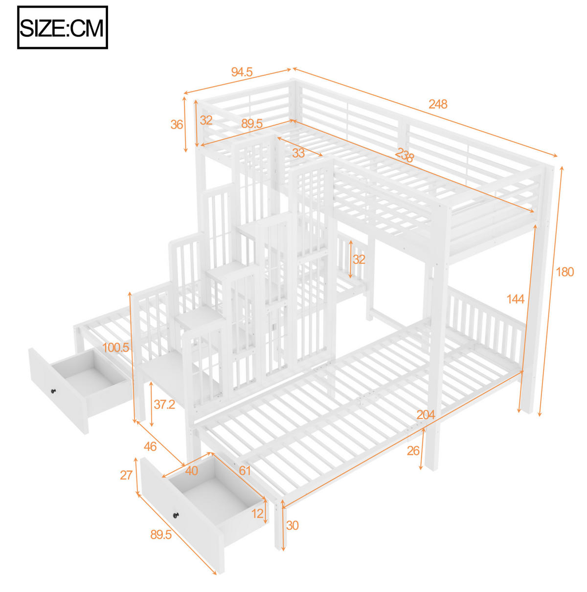 ETAGENBETT aus Metall und Holz 90x200 cm Weiß mit Treppe, Sicherheitsgeländern und 2 Schubladen - Weiß, Metall (90/200cm) - Modfu