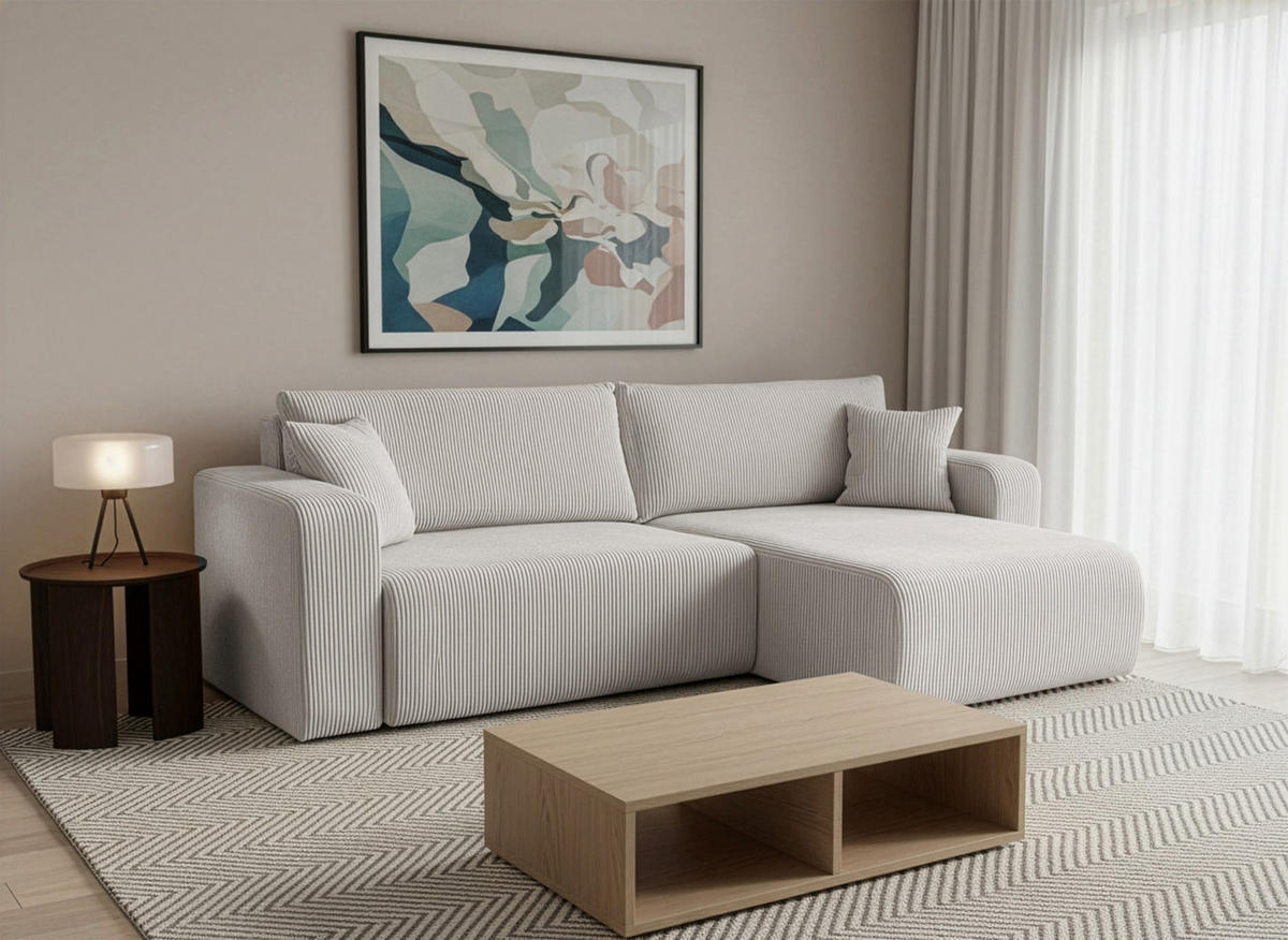 ECKSOFA mit Schlaffunktion Nellio L-Form universal mit Bettkasten Hellbeige Cord - Sandfarben/Schwarz, Kunststoff/Textil (245/145cm) - Homebook