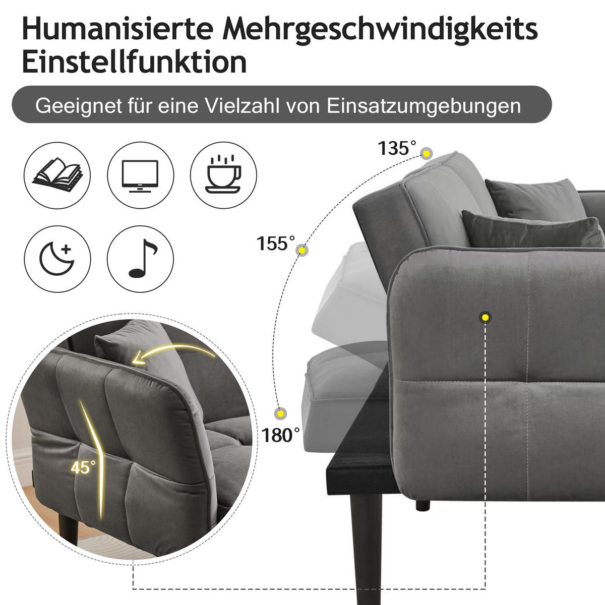 SCHLAFSOFA Samtbezug mit verstellbaren Rückenlehnen und klappbaren Armlehnen Antikgrau 176/78/76 cm - Grau, Textil (78/76/176cm) - Redom