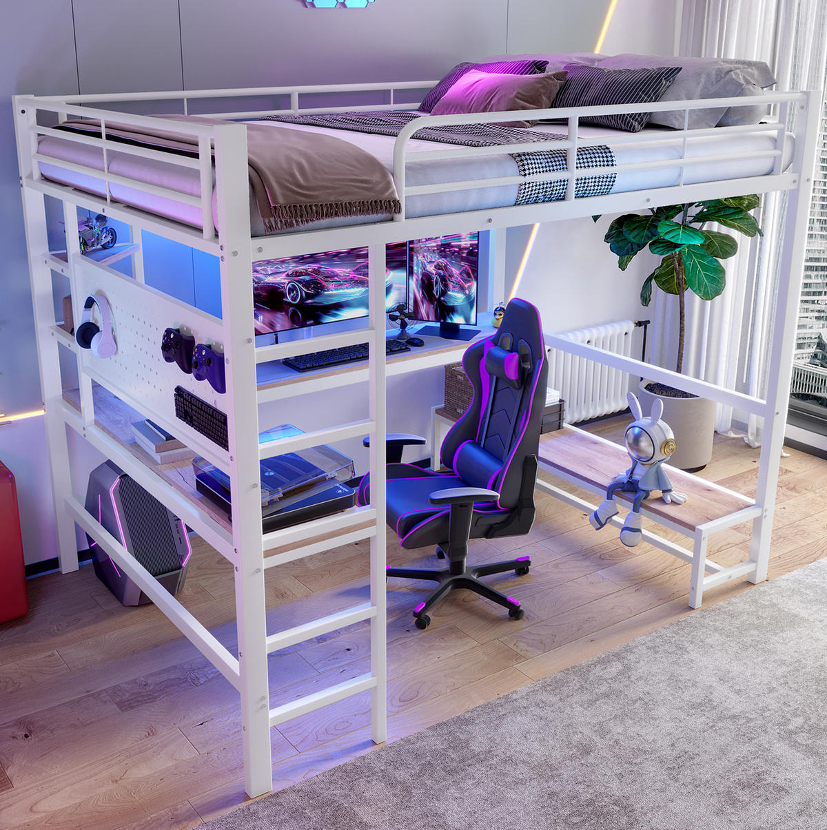HOCHBETT 140/200 cm in Weiß mit Schreibtisch, LED-Beleuchtung und USB- und Type-C-Anschlüssen - Weiß, Metall (140/200cm) - Flora Grace