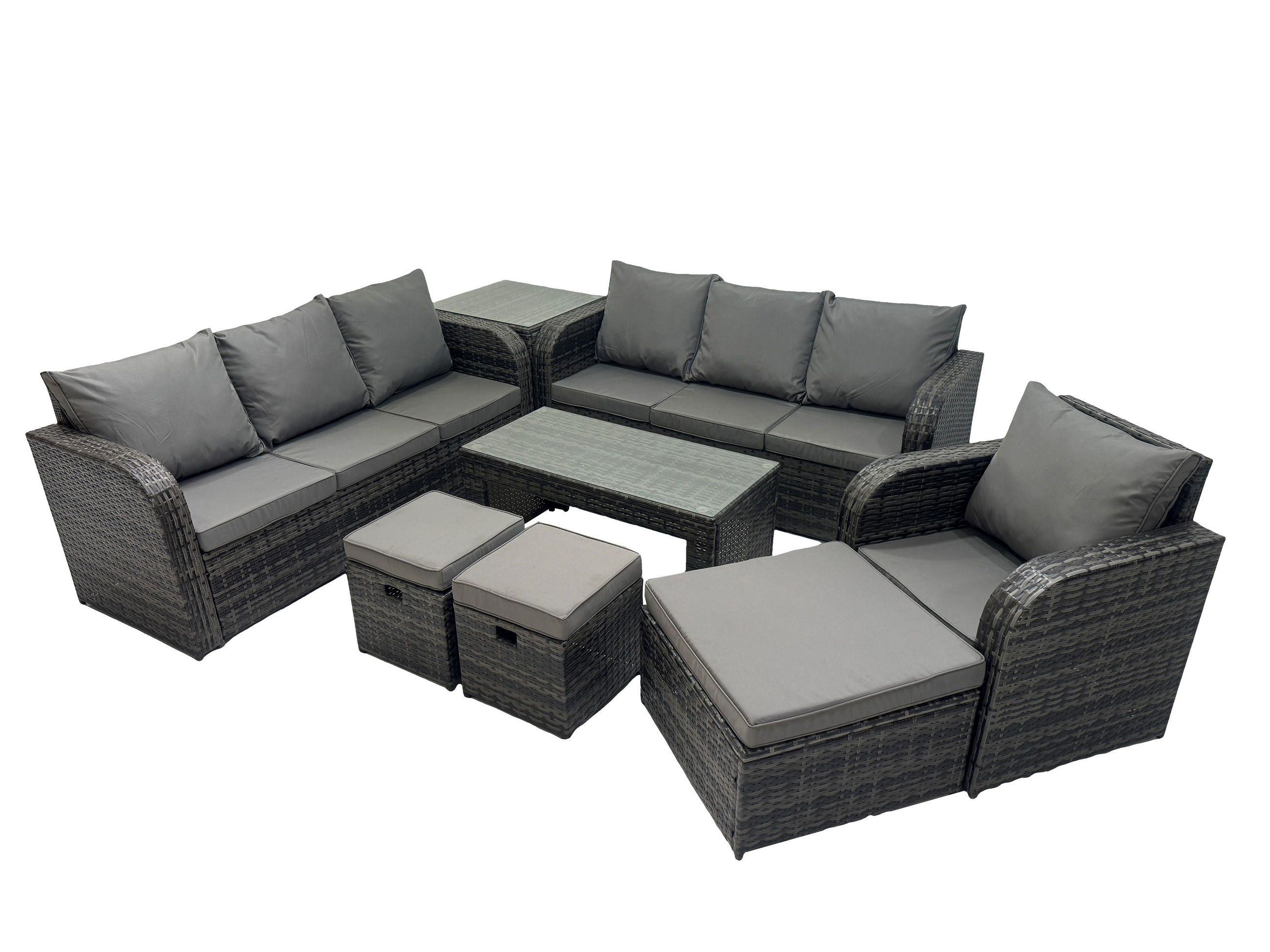 GARTENSOFA SET mit rechteckigem COUCHTISCH Polyrattan 10-Sitzer Dunkelgrau - Dunkelgrau/Grau, Glas/Kunststoff - Fimous