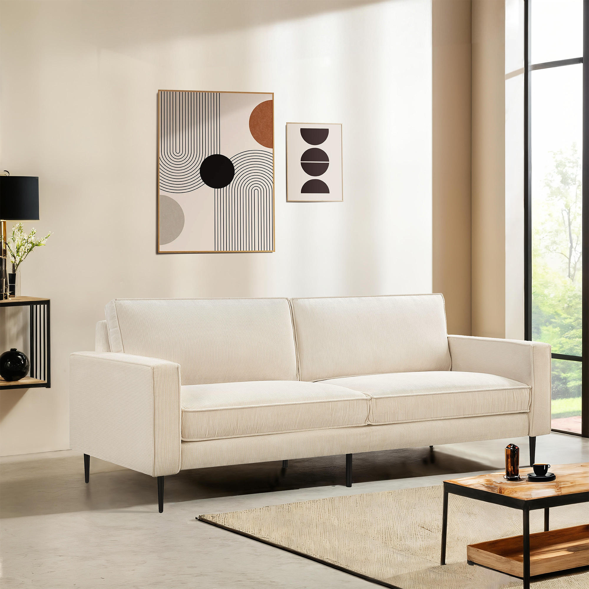 3-SITZER-SOFA Oskar Vintage beige Cord - Beige/Schwarz, Holz/Textil (212/83/92cm) - Sicaan