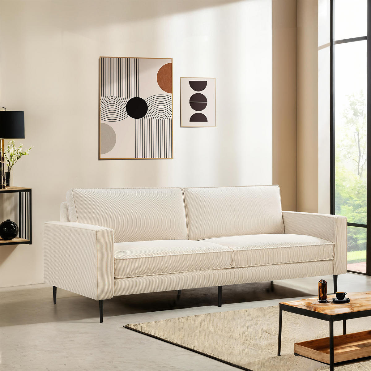 3-SITZER-SOFA Oskar Vintage beige Cord - Beige/Schwarz, Holz/Textil (212/83/92cm) - Sicaan