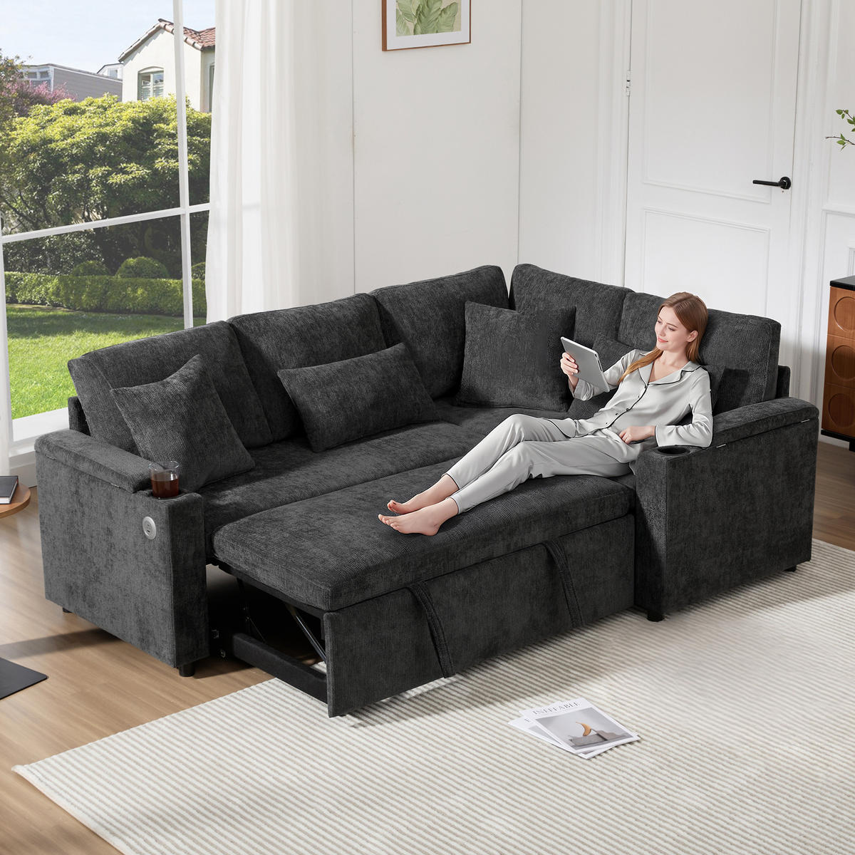 ECKSCHLAFSOFA Chenille Dunkelgrau mit Stauraum, USB, Getränkehalter und mit Kissen - Dunkelgrau, Holzwerkstoff/Kunststoff (206.5/141cm) - WISHDOR