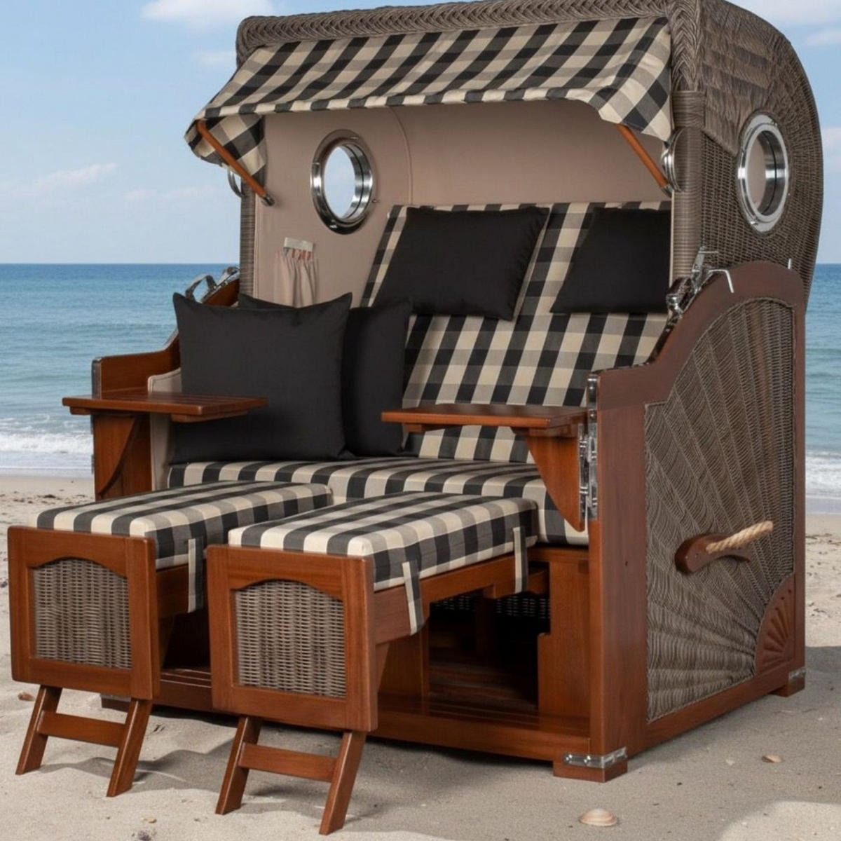 STRANDKORB Komplettset: Ammersee Grande XL Mahagoni Bullauge - PE grau - Modell 505 - Beige/Anthrazit, Holz/Kunststoff (142/165/95cm) - bene living