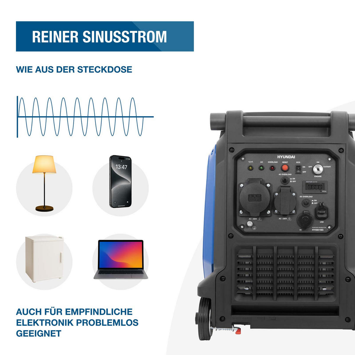 HYUNDAI Inverter Stromerzeuger HY5501SEi 5,5 kW Benzin Stromgenerator mit E-Start, 5,0 kW Dauerleistung, 230 V, 12 V, USB, Notstromaggregat - Blau, Metall (60/40/53cm) - HYUNDAI
