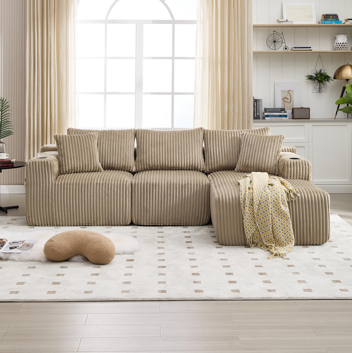 ECKSOFA 257/90-160/62 cm khaki aus Cord mit Chaiselongue - Sandfarben, Textil (160/257cm) - OKMYHOME