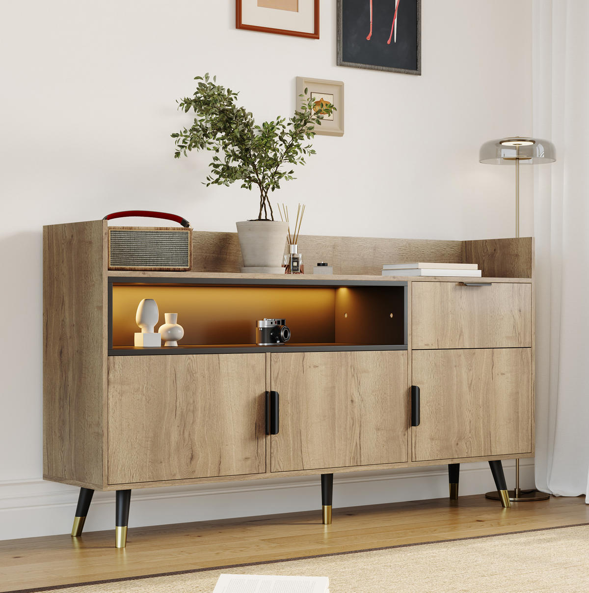SIDEBOARD aus Holzwerkstoff 160x35x82 cm Natur mit LED-Beleuchtung, Schublade, offenen Fächern und Türfächern - Naturfarben, Holzwerkstoff (160/82/35cm) - Modfu
