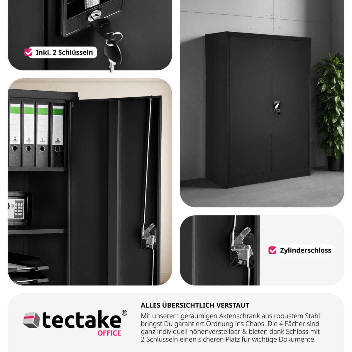 AKTENSCHRANK ,140 x 90 x 40 cm,schwarz - Schwarz, Metall (90/140/40cm) - tectake