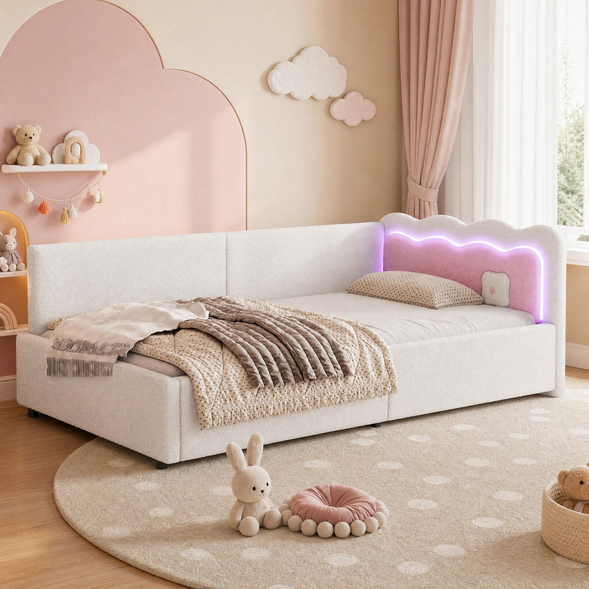 POLSTERBETT 90/200 mit LED-Ambientebeleuchtung, App-Steuerung, Lattenrost und Vliesimitat in Weiß - Weiß, Holzwerkstoff/Textil (90/200cm) - EVRYAE