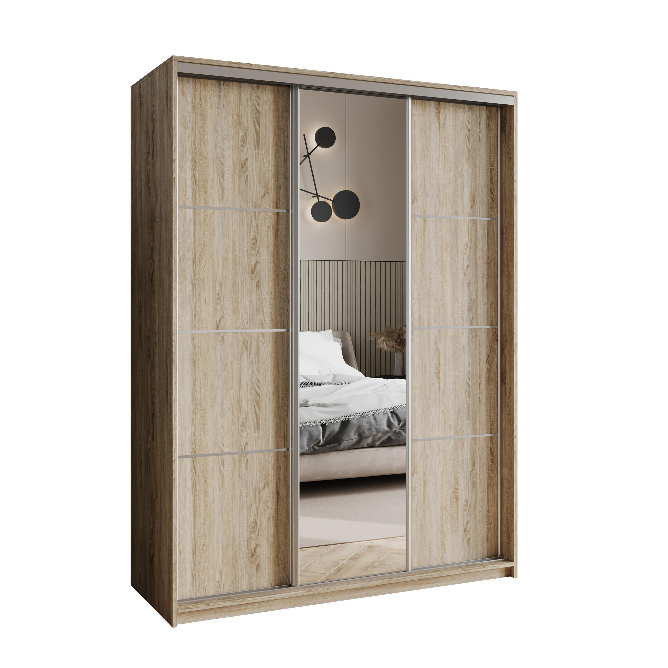 SCHWEBETÜRENSCHRANK VARO 150/205/60 cm 3-türig mit Spiegel Sonoma Eiche - Sonoma Eiche, Holzwerkstoff (150/205/60cm) - MASSENO