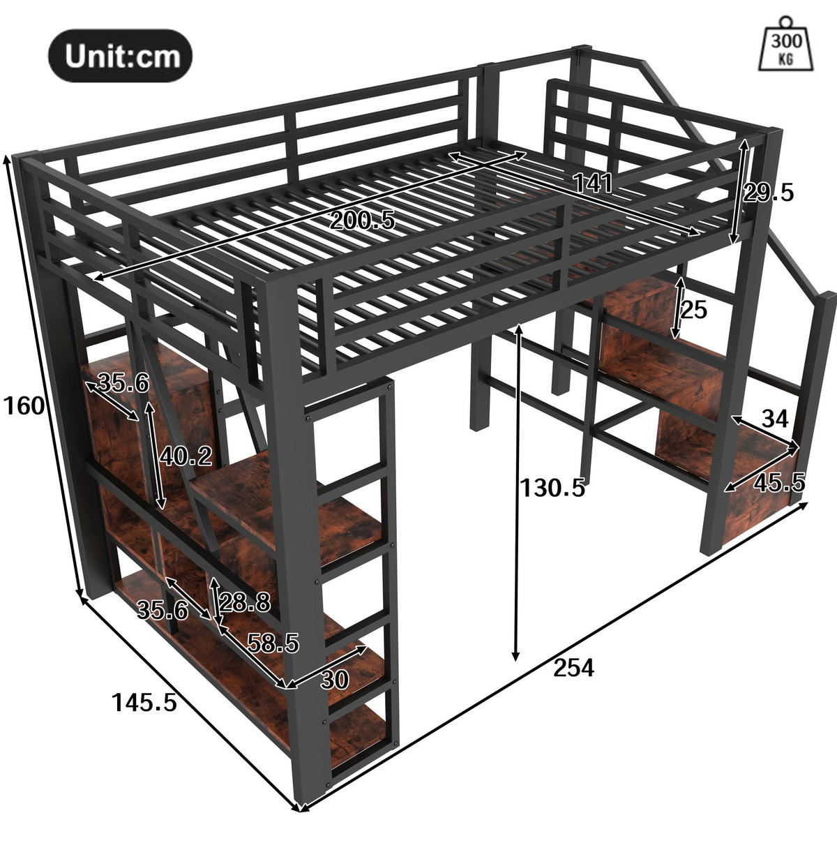 HOCHBETT 140/200 cm Schwarz aus Metall und MDF mit LED-Lichtleiste - Schwarz, Holzwerkstoff (140/200cm) - OKMYHOME