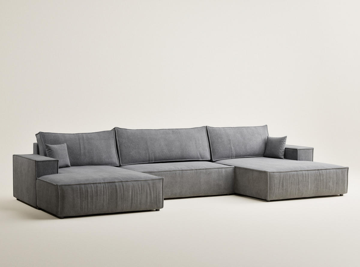 WOHNLANDSCHAFT Kyoto Grau Webstoff - Schwarz/Grau, Holz/Holzwerkstoff (398/70/148cm) - Maison de Reve