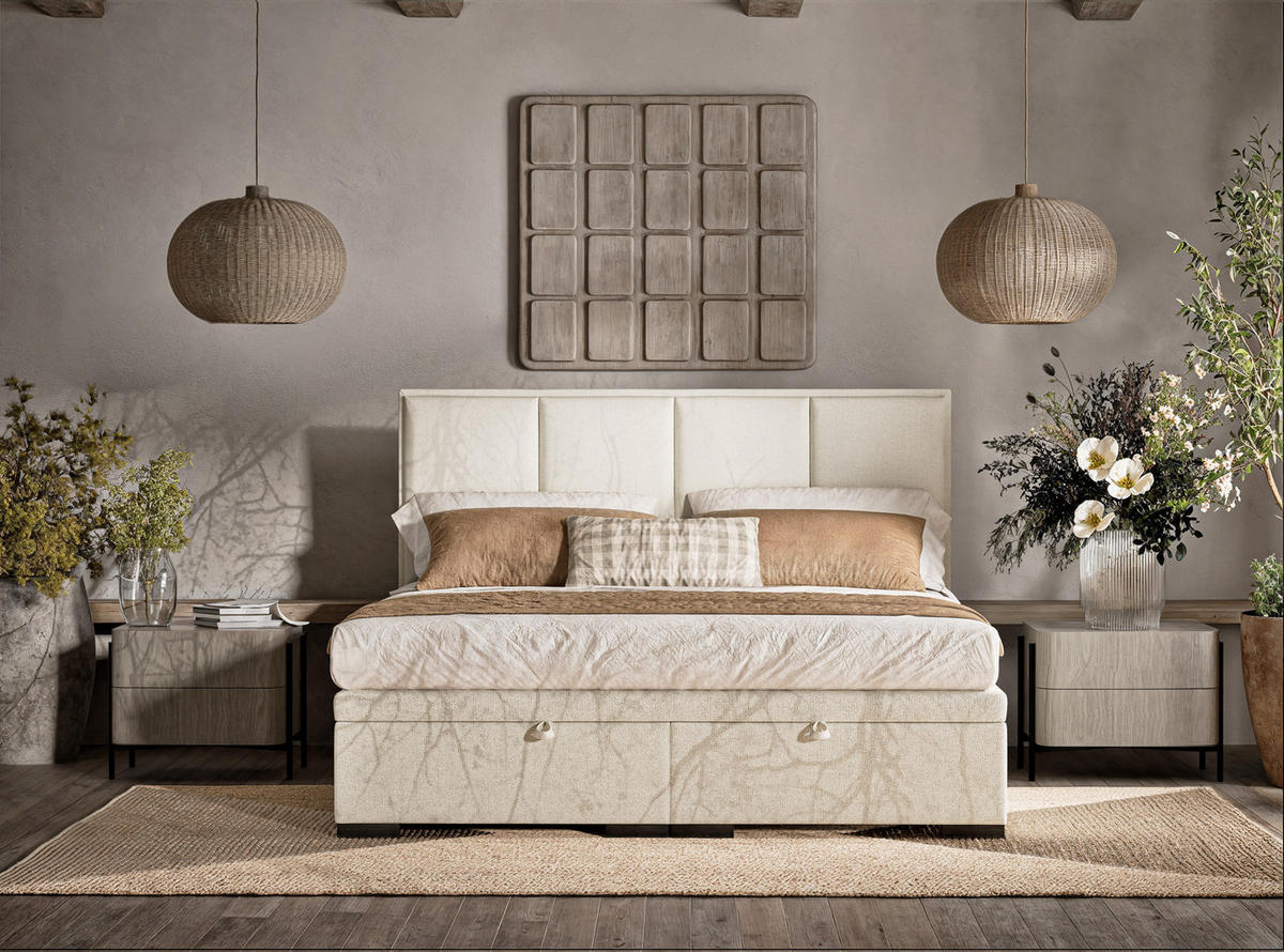POLSTERBETT Fogo 140/200 cm, in Creme, Bettkasten, gepolstertes Kopfteil - Creme/Schwarz, Holz/Holzwerkstoff (140/200cm) - Maison de Reve