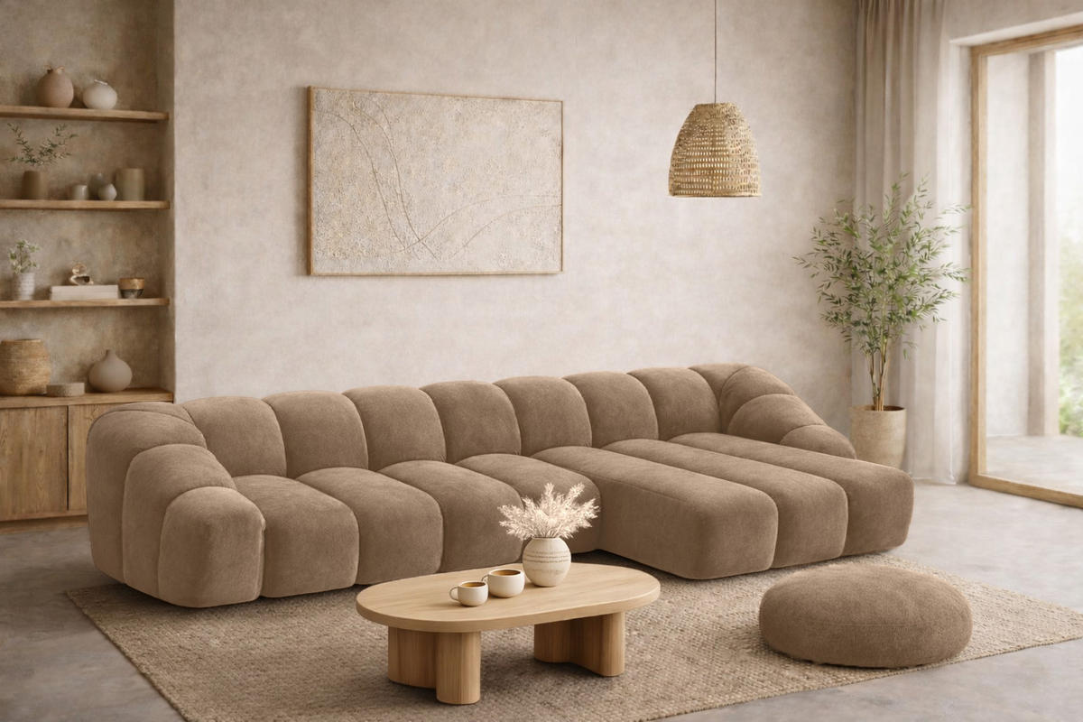 ECKSOFA Modulare L-Form, Veloursstoff Bluvel, Latte, Rechts, CROISSANT XL - Hellbraun, Holz (340/190cm) - Kaiser Möbel