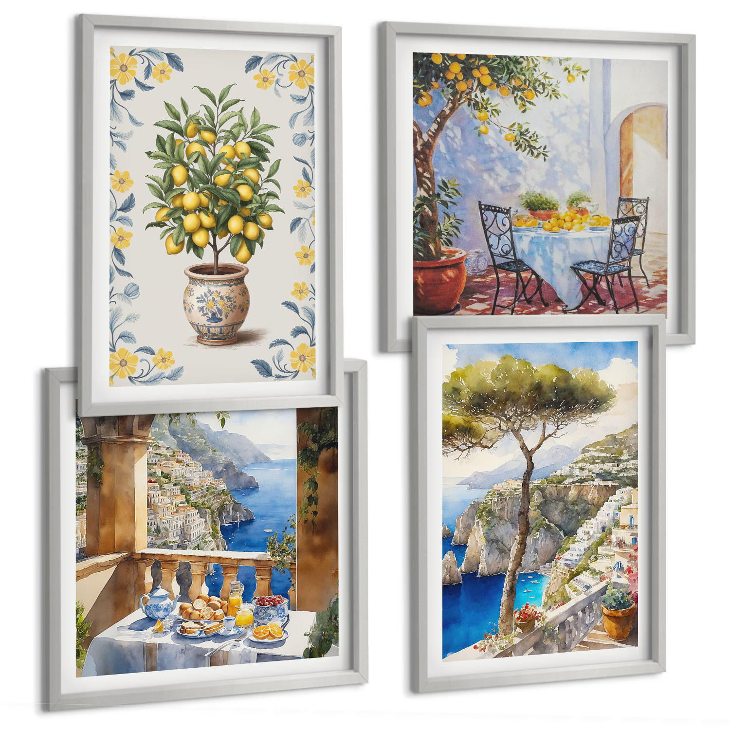 BILDER SET 4er Set - 50x50 cm & 40x60 cm Silberner Rahmen - Gemälde von Zitronenbäumen - Silberfarben, Kunststoff (50/50cm) - TULUP