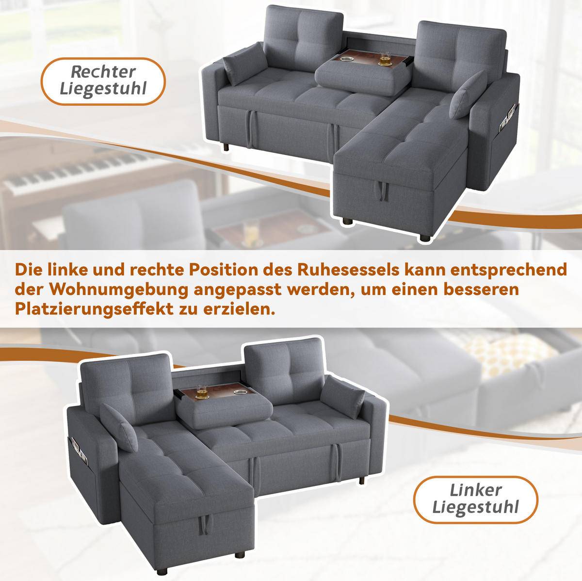 ECK-SCHLAFSOFA, Leinen mit Stauraum & Getränkehalter, 211/136/87 cm, Grau - Grau, Textil (136/87/211cm) - Redom