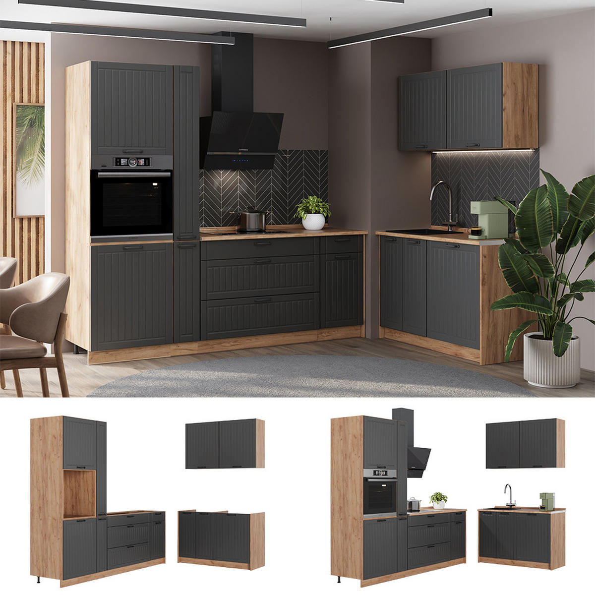 KUCHYŇA Fame-Line, Tmavo-sivá/Dub Goldkraft, 220 x 120 cm, AP Antracit - dub medový/tmavosivá, kompozitné drevo (220/206.8/60cm) - Vicco
