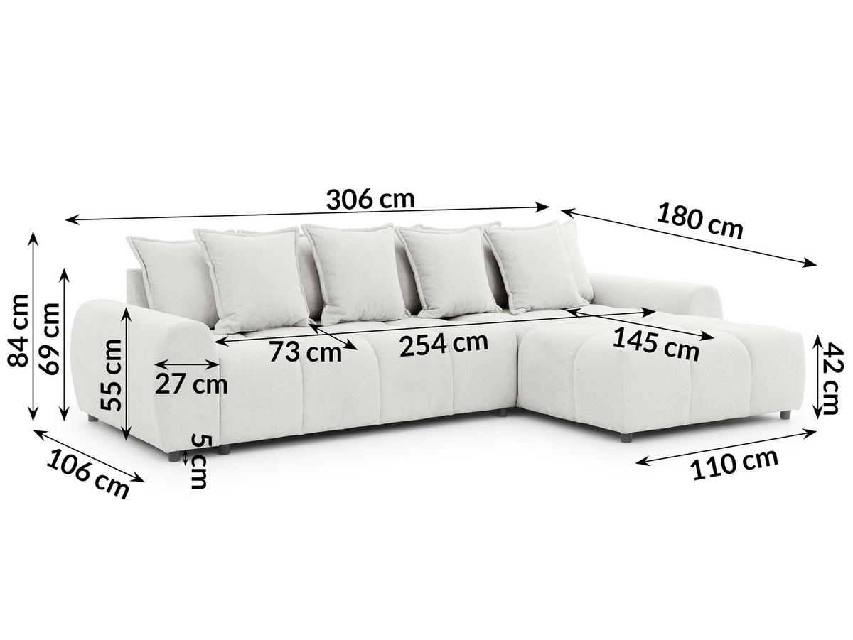 ECKSOFA inkl. Hocker Bubble mit Schlaffunktion und losen Rückenkissen, Sitzfläche in Bubble-Optik aus weichem Creme Strukturstoff - Ottomane Rechts - Creme/Schwarz, Holz/Kunststoff (306/180cm) - S-Style Möbel