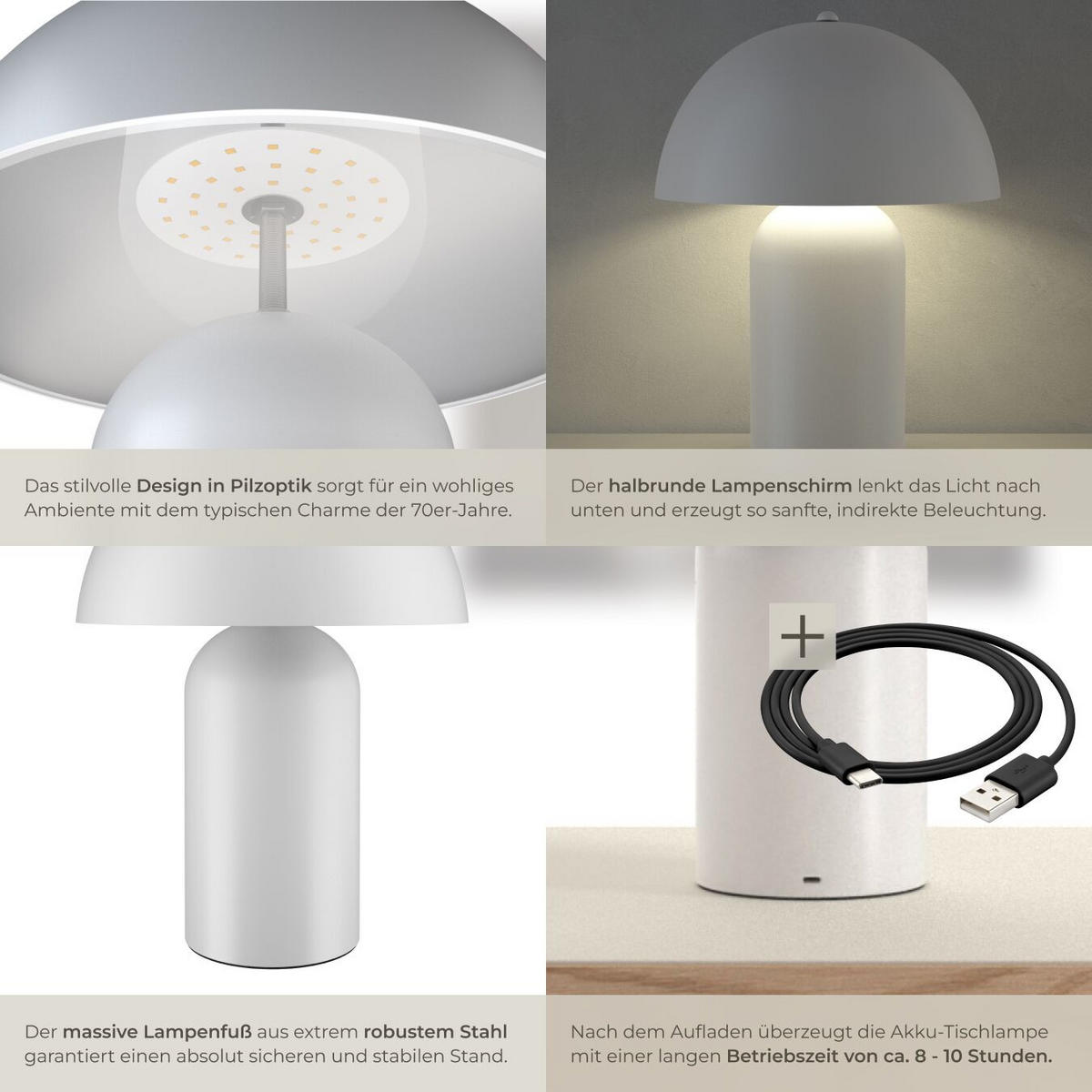 AKKU-TISCHLAMPE Kade,25 x 34 cm,weiß - Weiß, Metall (25/25/34cm) - tectake