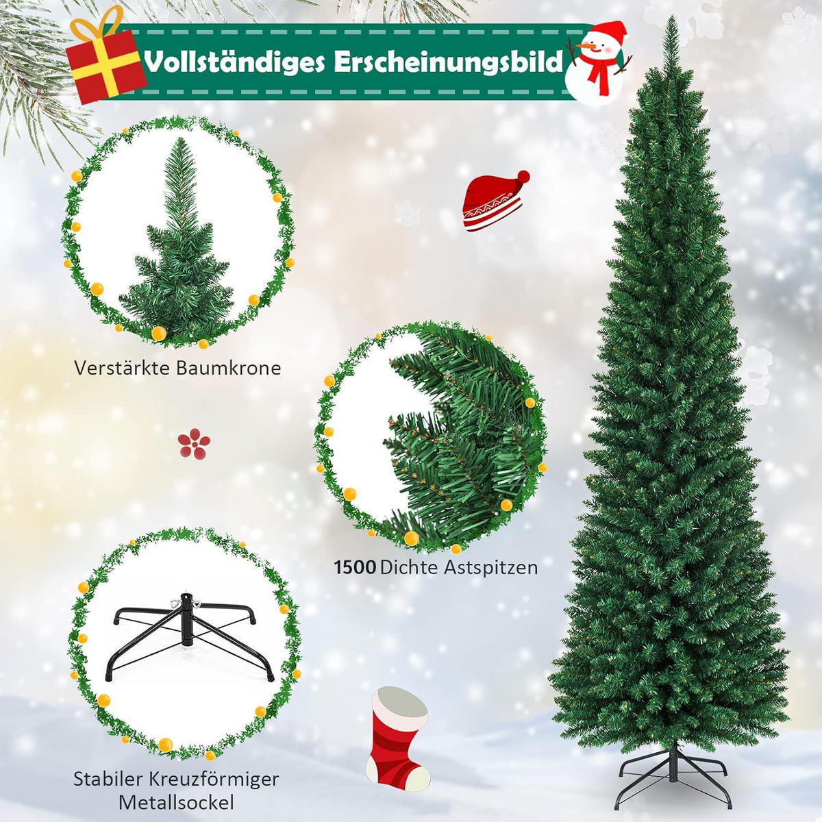 WEIHNACHTSBAUM Bleistiftform mit Metallständer 270 cm grün - Grün, Metall (270cm) - COSTWAY