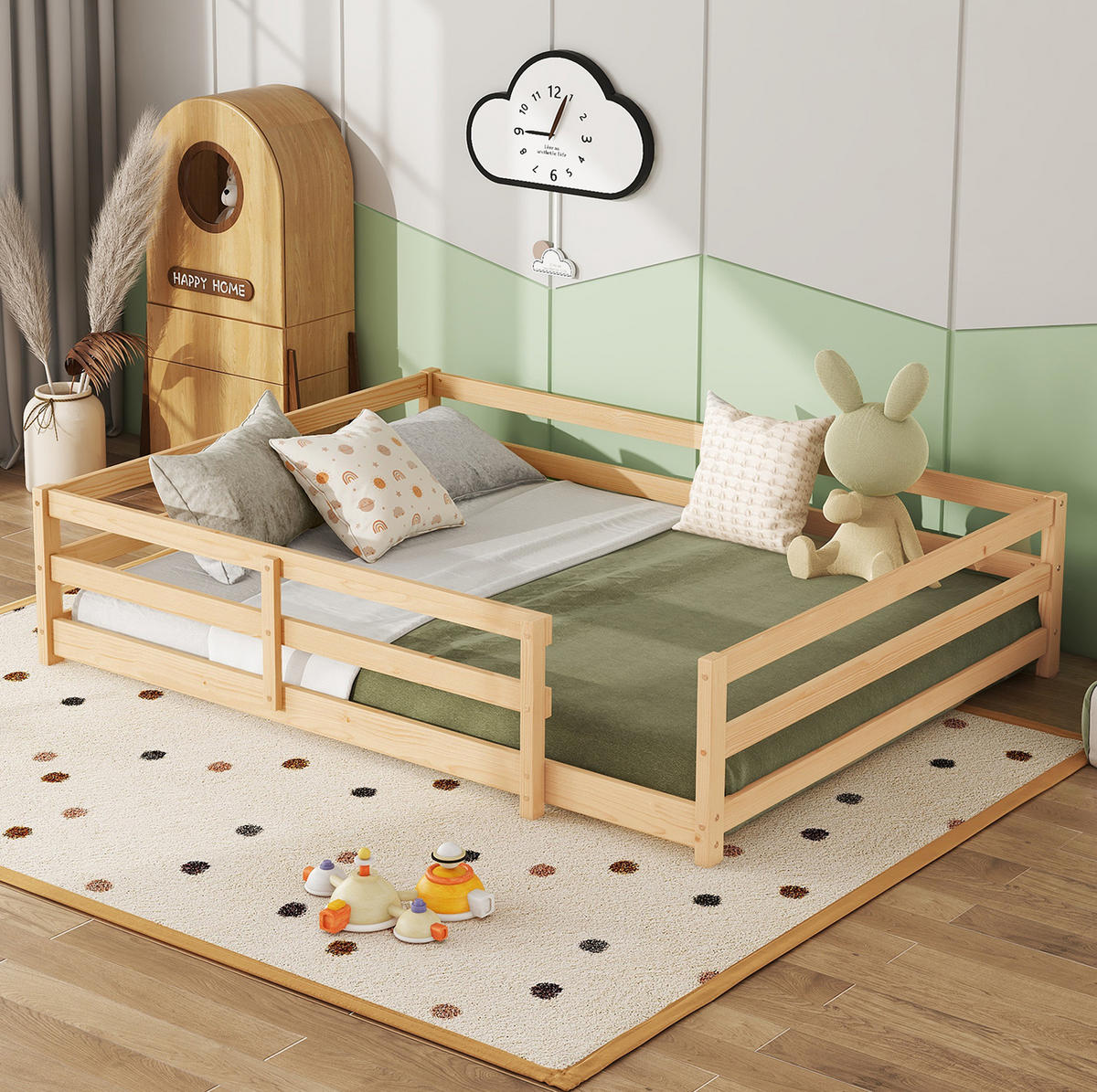 KINDERBETT 140/200 cm mit 4-Seiten-Umrandung und Lattenrost, niedriger Einstieg ohne Matratze - Naturfarben, Holz (140/200cm) - MIVRAY