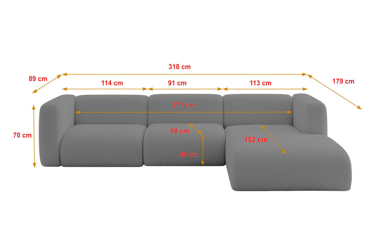 ECKSOFA Ottomane Rechts MIRA-L2 318x179x89 Grau Bouclé - Platinfarben/Schwarz, Holzwerkstoff/Kunststoff (318/179cm) - ALTDECOR