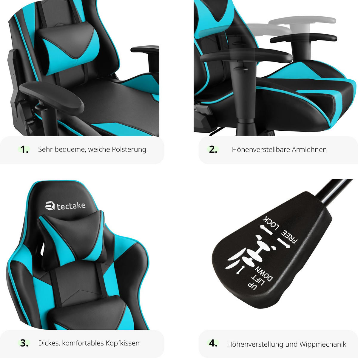 RACING-GAMINGSTUHL Twink,Belastbarkeit 120 kg,schwarz/azur - Schwarz/Hellblau, Textil (68/125/69cm) - tectake