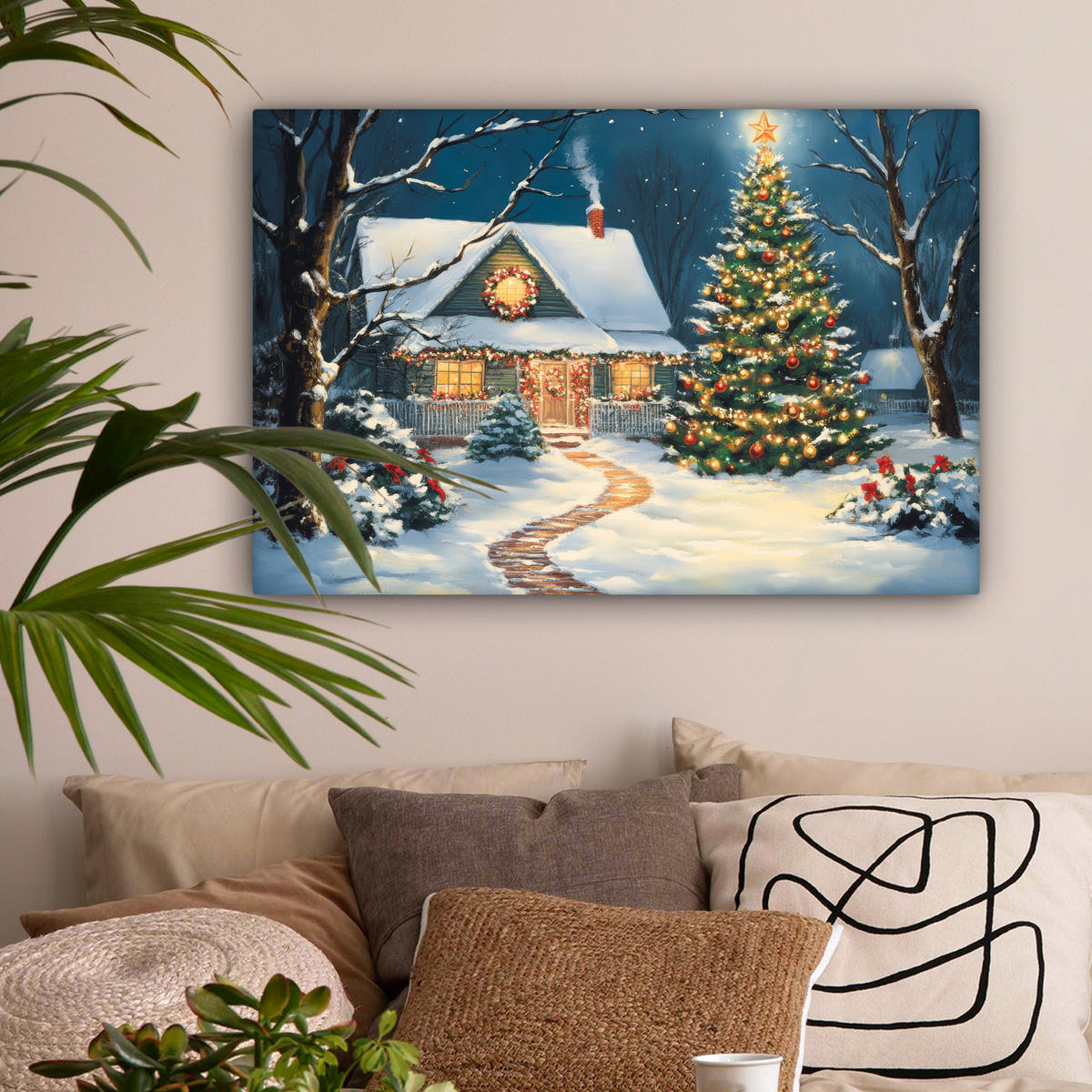 LEINWANDBILD Weihnachten - Weihnachtsbaum - Winter - Zuhause - Schnee Wanddeko 90x60 cm - Smaragdgrün, Textil (90/60cm) - MuchoWow