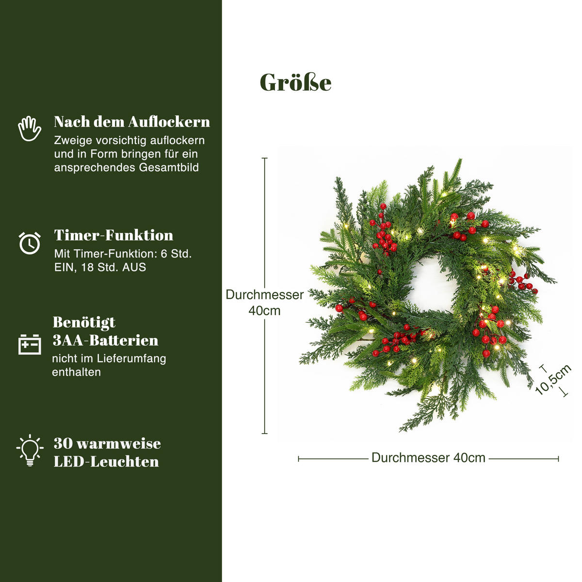 WEIHNACHTSKRANZ mit 25 LEDs & Timer - Smaragdgrün, Naturmaterialien (40cm) - Hometopia