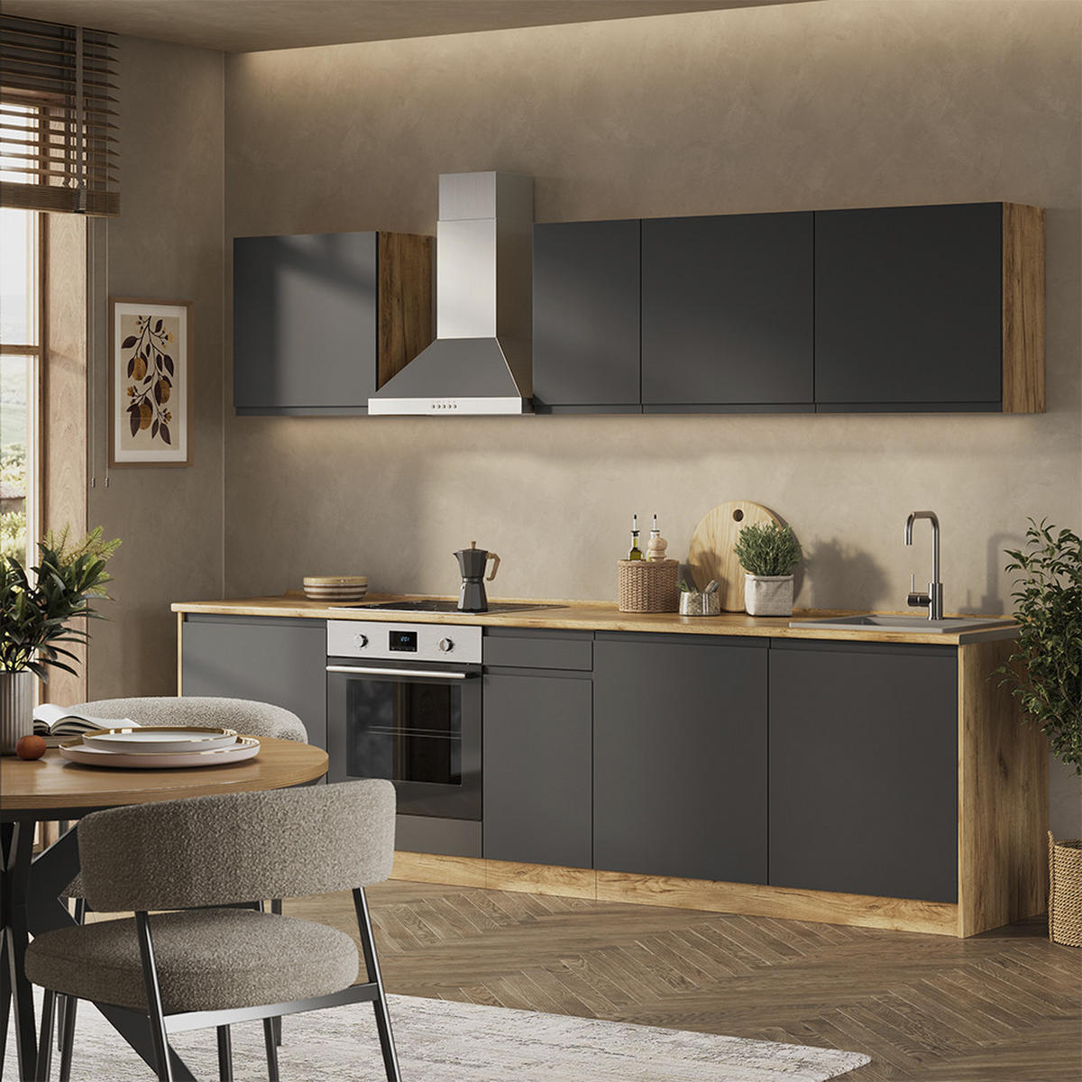 KÜCHENZEILE R-Line, Anthrazit/Goldkraft Eiche, 280 cm Arbeitsplatte Weiß - Eichefarben/Anthrazit, Holzwerkstoff (280/206.8/60cm) - Vicco