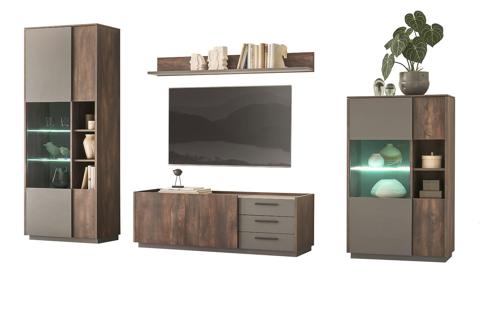WOHNWAND Thermo Eiche, grau, Wohnkombination 4-teilig mit Soft-Close 352 x 200 cm - Eichefarben/Grau, Holzwerkstoff/Metall (352/200/45cm) - Furn.Design