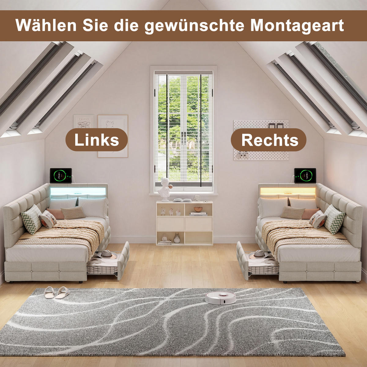 BETT 90x200 cm mit L-förmigem Kopfteil, 2 Schubladen, USB-Ladeanschluss, LED-Licht, Leinenstoff, Beige - Beige, Holz (90/200cm) - BRILVERDE