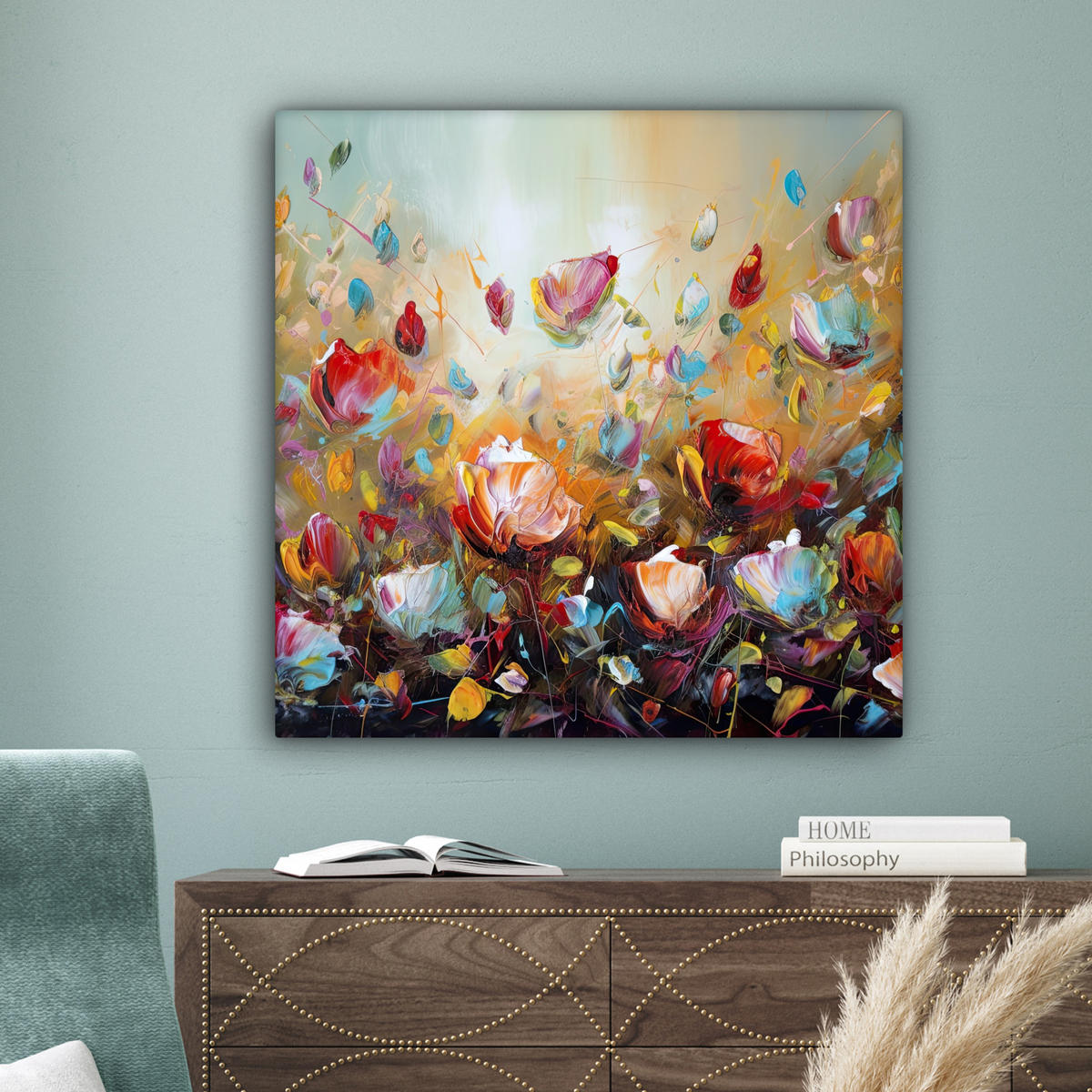 LEINWANDBILD Blumen - Kunst - Natur - Ölgemälde Deko Groß 90x90 cm - Multicolor, Textil (90/90cm) - MuchoWow