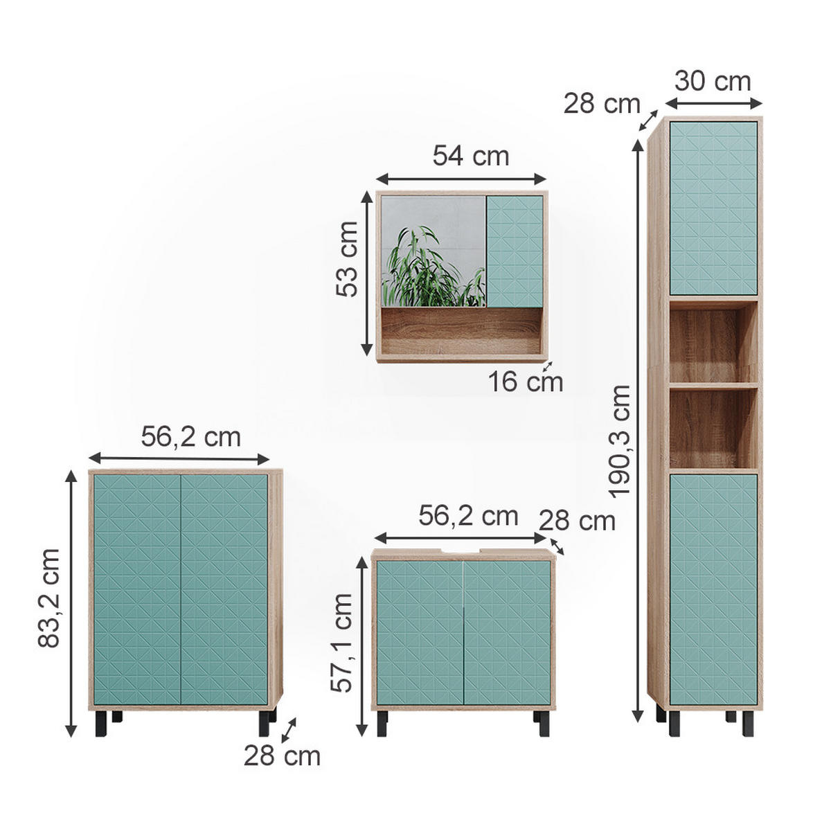 BADMÖBEL-SET Agasta Mintgrün 4 Teile, mit Hochschrank - Mintgrün/Sonoma Eiche, Holzwerkstoff (56/57/28cm) - Vicco