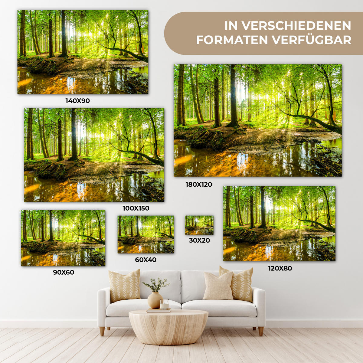 LEINWANDBILD Wald - Landschaft - Wasser - Bäume - Sonne - Grün - Natur Gemälde 60x40 cm - Grün, Textil (60/40cm) - MuchoWow