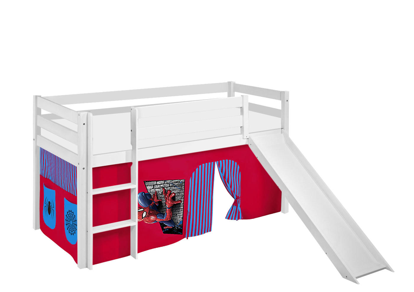 SPIELBETT JELLE Spiderman - Hochbett - mit Rutsche und Vorhang - Weiß, Holz - Lilokids