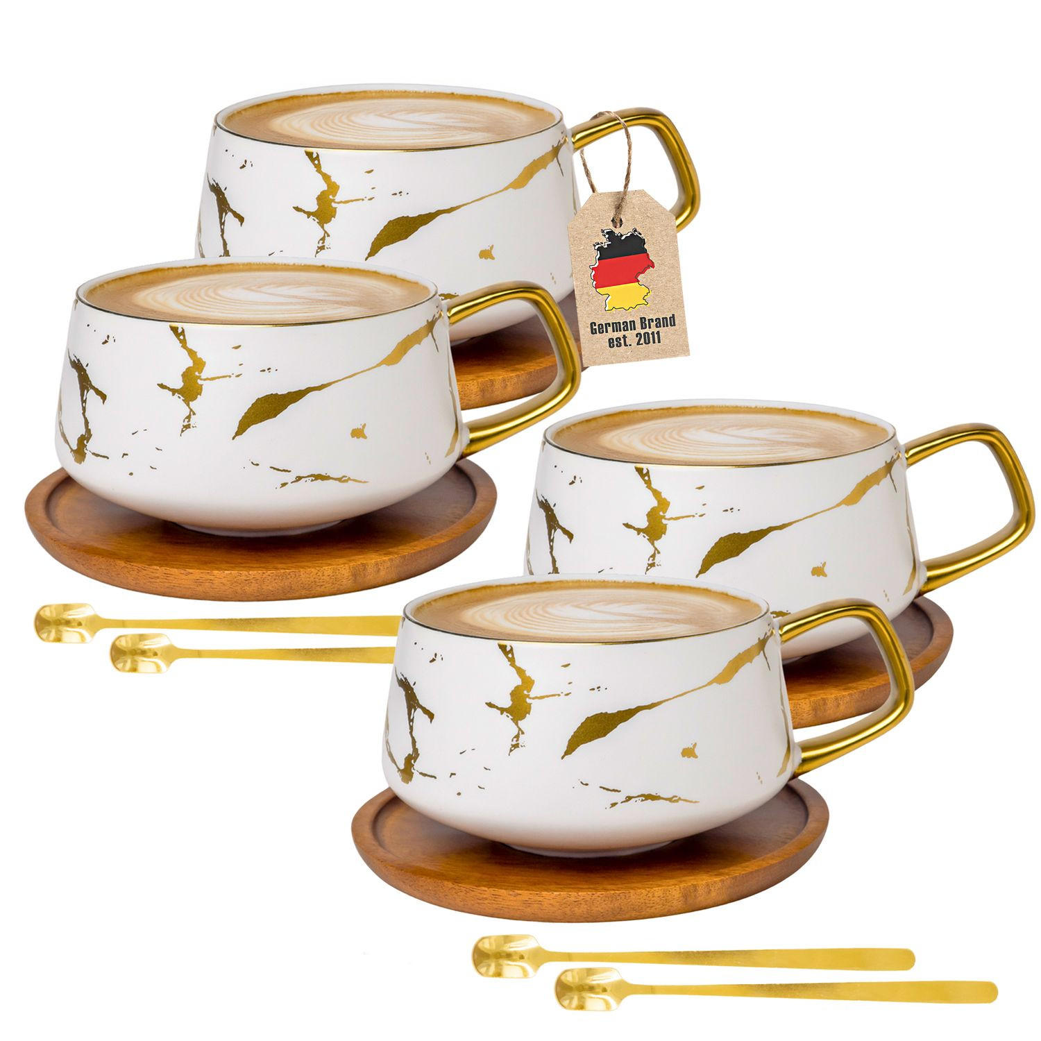 KAFFEETASSE Marmor Design 200 ml mit Untersetzer (4-tlg.) - Weiß, Keramik (13/6.3/13cm) - Intirilife